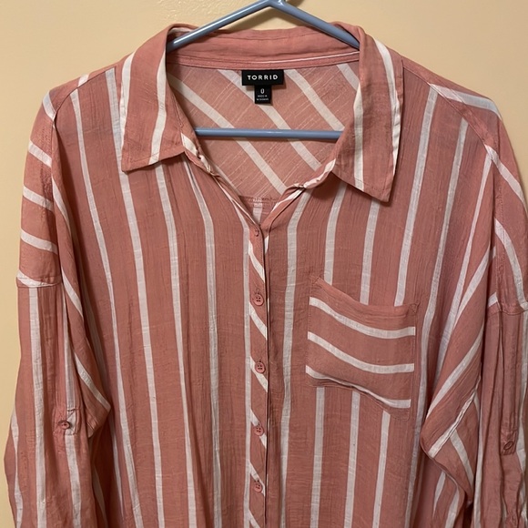 Rose white pinstripe button down blouse. Really beautiful! - Picture 3 of 5
